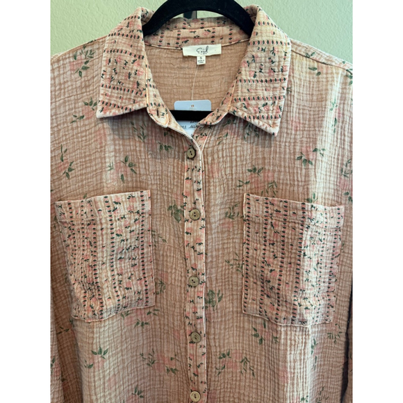 Easel Oversized Floral Print Cotton Gauze Washed Shirt Dress Mocha Mousse Size S - Picture 7 of 11